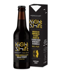 Beleef Horizont NS2023 Ten. Whiskey & Bourbon BA Imp Stout, rijp in vaten voor een diepe, rijke smaak van chocolade en bourbon. Uniek en weelderig.